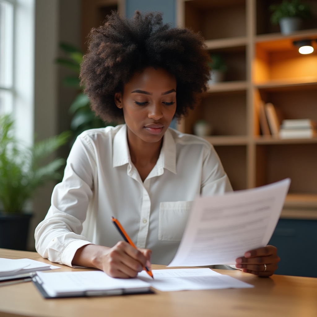 Professional in thoughtful decision-making posture, reviewing notes at workspace